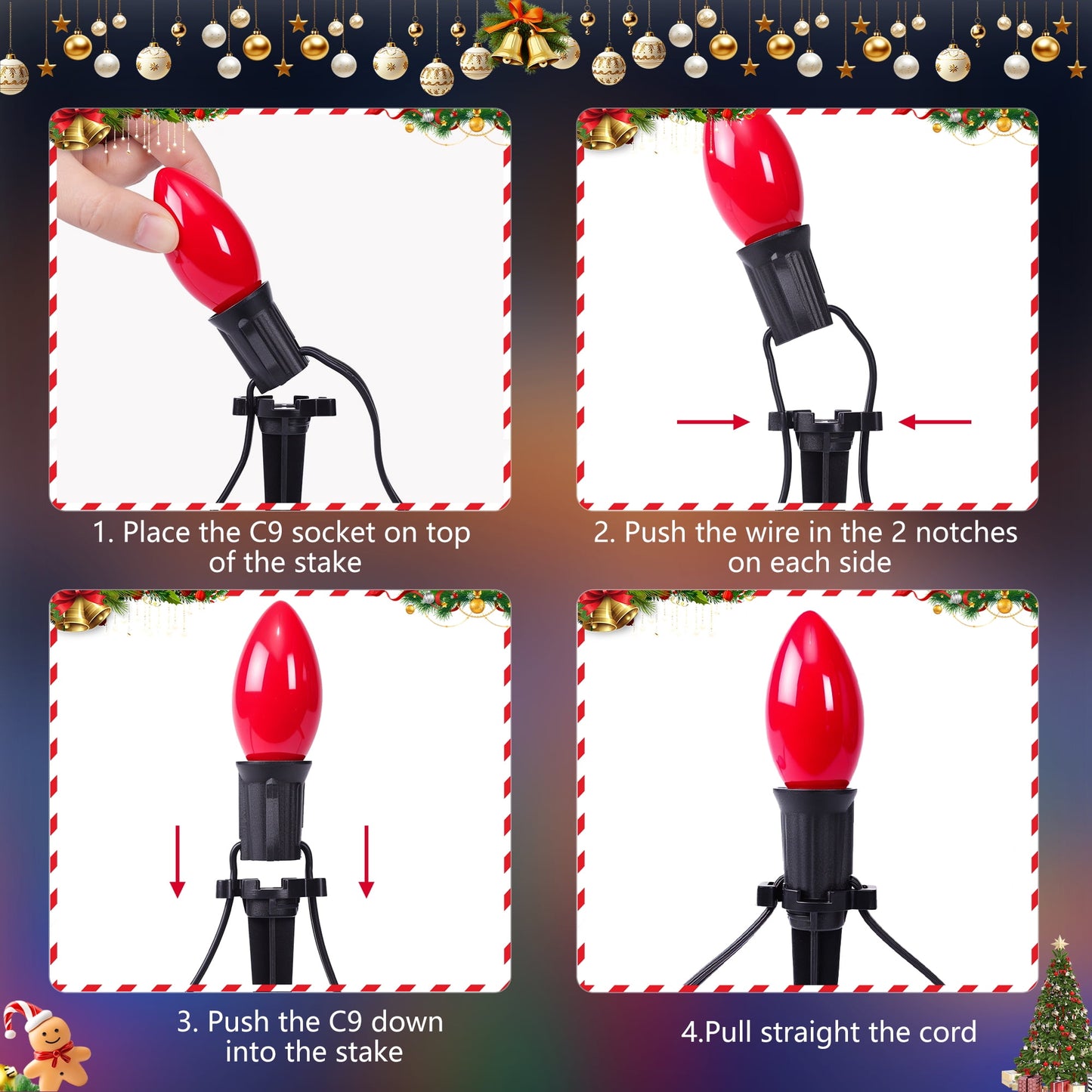 2 Pack Total 51.5 Ft 40 Bulbs C9 Christmas Pathway Lights with Stakes, Outdoor Christmas String Lights,Christmas Decorations for Yard Walkway Sidewalk