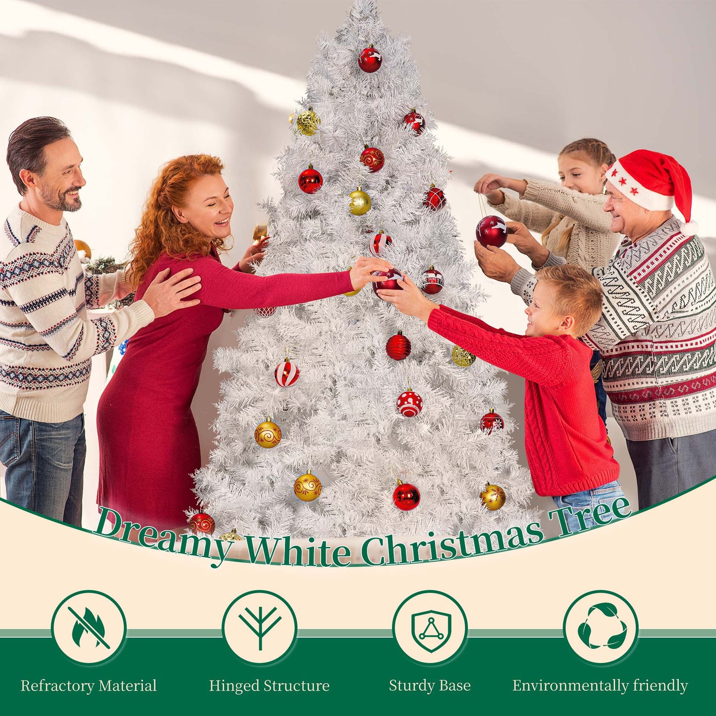 Pre-Lit Artificial Christmas Tree,6Ft White Christmas Tree with 300 Warm White & Multicolor Lights,Xmas Tree for Home, Holiday Party Decorations