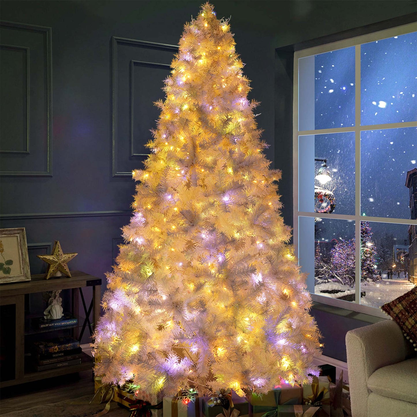 Pre-Lit Artificial Christmas Tree,6Ft White Christmas Tree with 300 Warm White & Multicolor Lights,Xmas Tree for Home, Holiday Party Decorations
