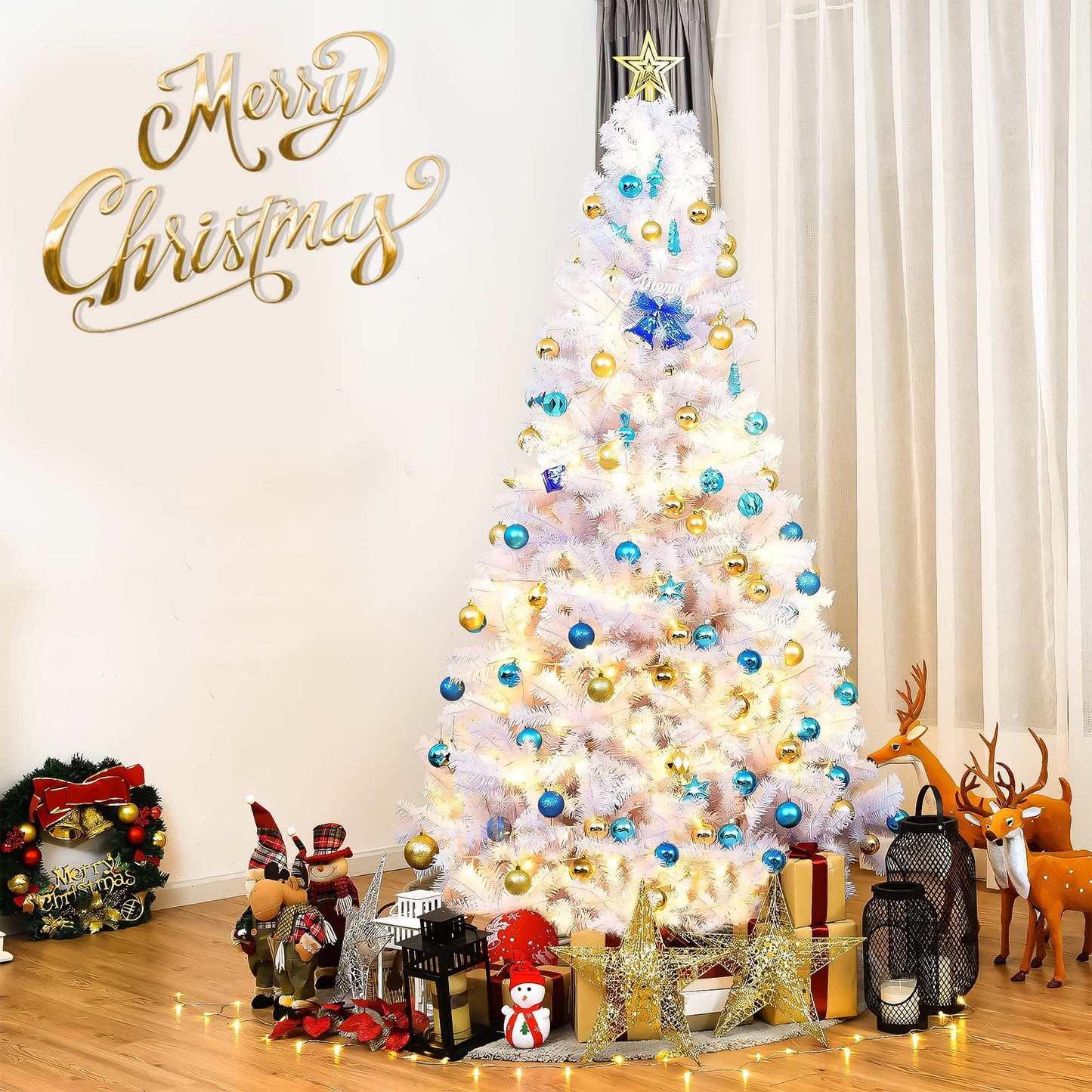 Pre-Lit Artificial Christmas Tree,6Ft White Christmas Tree with 300 Warm White & Multicolor Lights,Xmas Tree for Home, Holiday Party Decorations