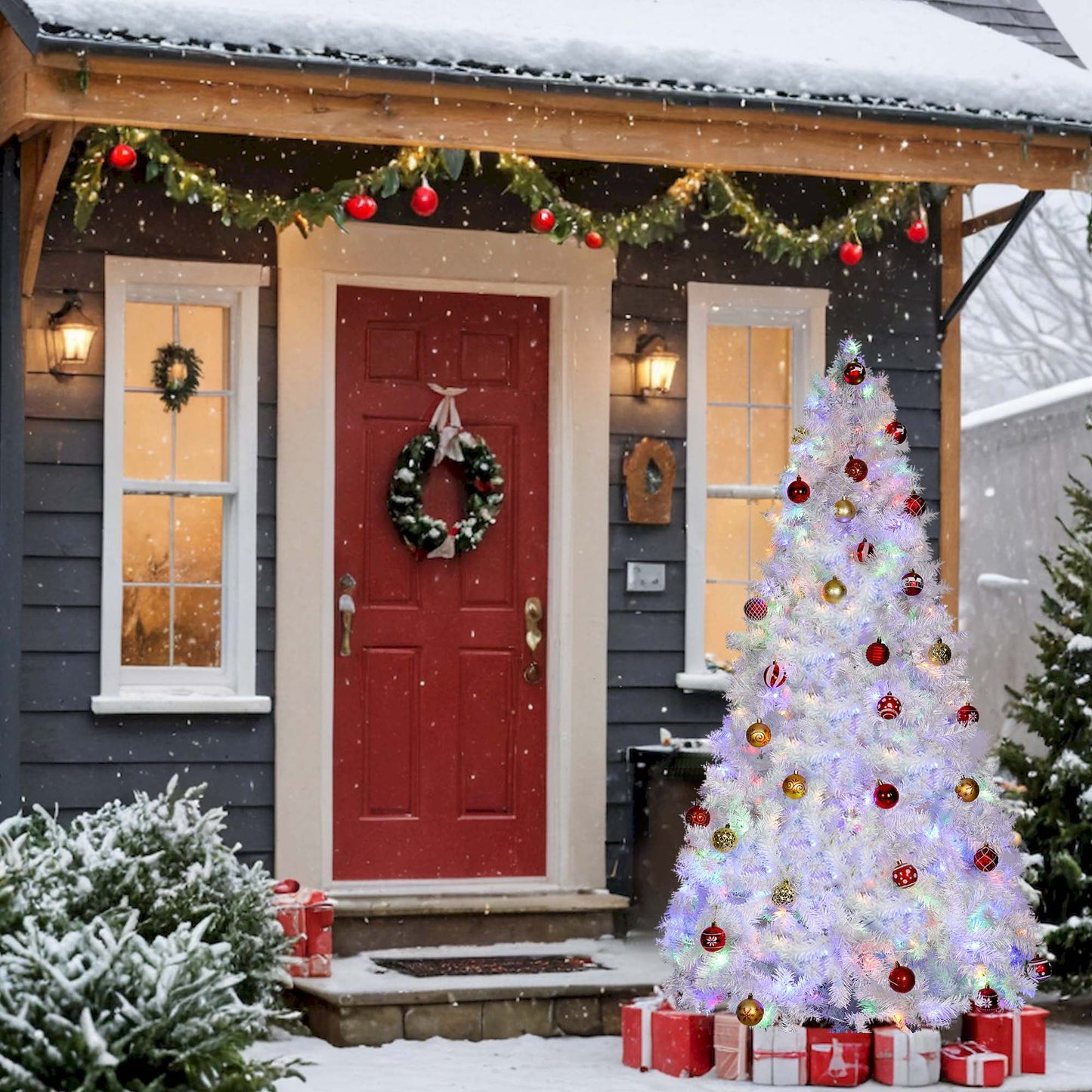 Pre-Lit Artificial Christmas Tree,6Ft White Christmas Tree with 300 Warm White & Multicolor Lights,Xmas Tree for Home, Holiday Party Decorations