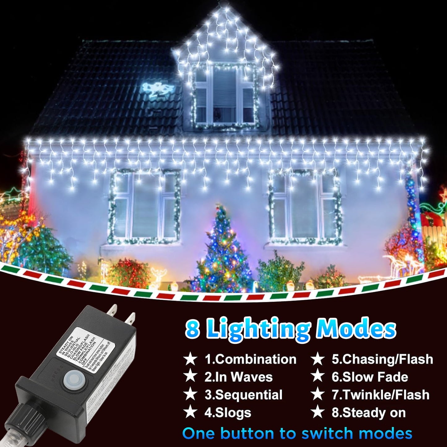 99 FT Christmas Icicle Lights, Curtain Fairy Icicle String Lights with 228 Drops, Led Christmas Twinkle Lights for Holiday, Party, Christmas Decorations, White