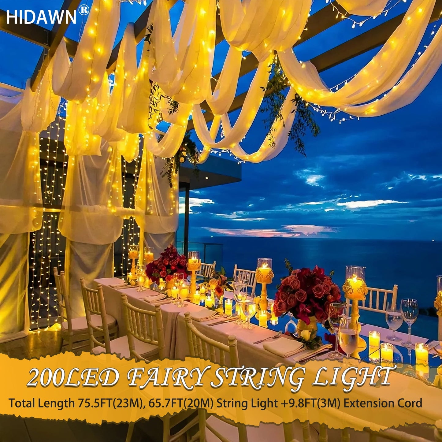 Christmas String Lights Indoor Outdoor, 200 LED 75.5FT Connectable Waterproof, 8 Modes with Memory Function,Twinkle Wedding Fairy Lights Plug in Clear Wire, Warm White