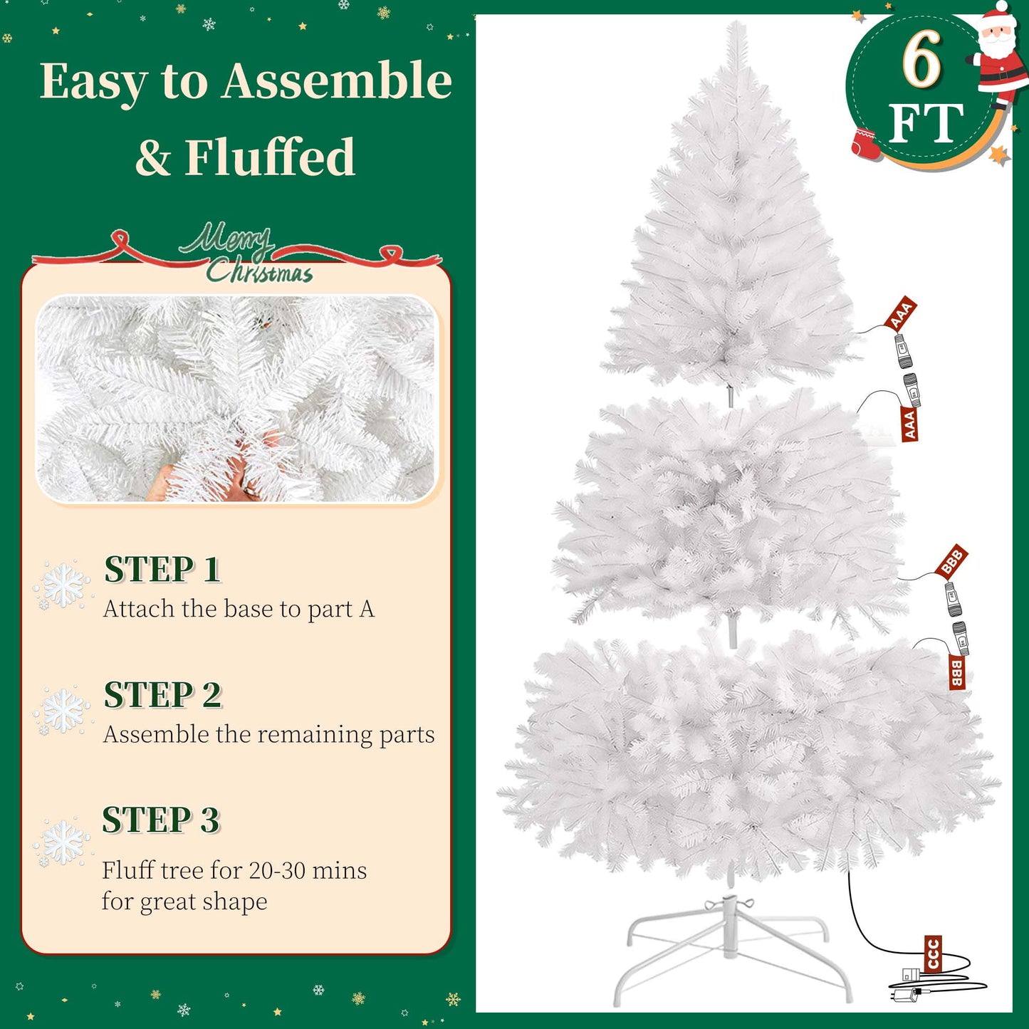 Pre-Lit Artificial Christmas Tree,6Ft White Christmas Tree with 300 Warm White & Multicolor Lights,Xmas Tree for Home, Holiday Party Decorations