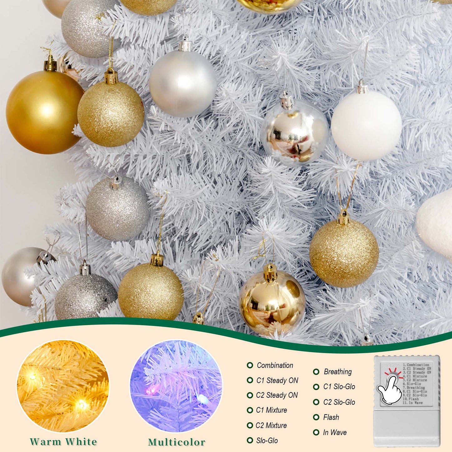 Pre-Lit Artificial Christmas Tree,6Ft White Christmas Tree with 300 Warm White & Multicolor Lights,Xmas Tree for Home, Holiday Party Decorations