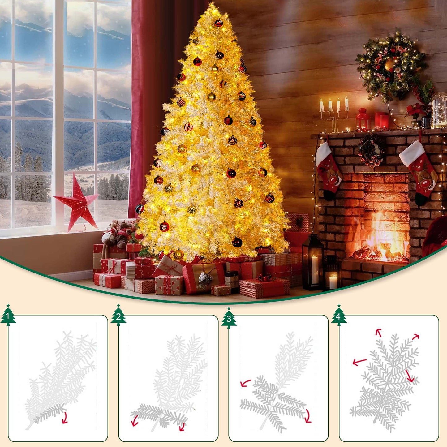 Pre-Lit Artificial Christmas Tree,6Ft White Christmas Tree with 300 Warm White & Multicolor Lights,Xmas Tree for Home, Holiday Party Decorations