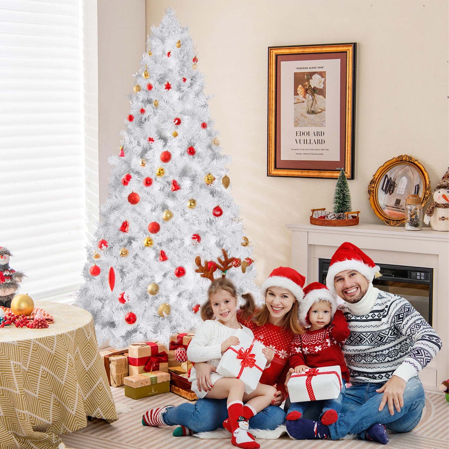 Pre-Lit Artificial Christmas Tree,6Ft White Christmas Tree with 300 Warm White & Multicolor Lights,Xmas Tree for Home, Holiday Party Decorations