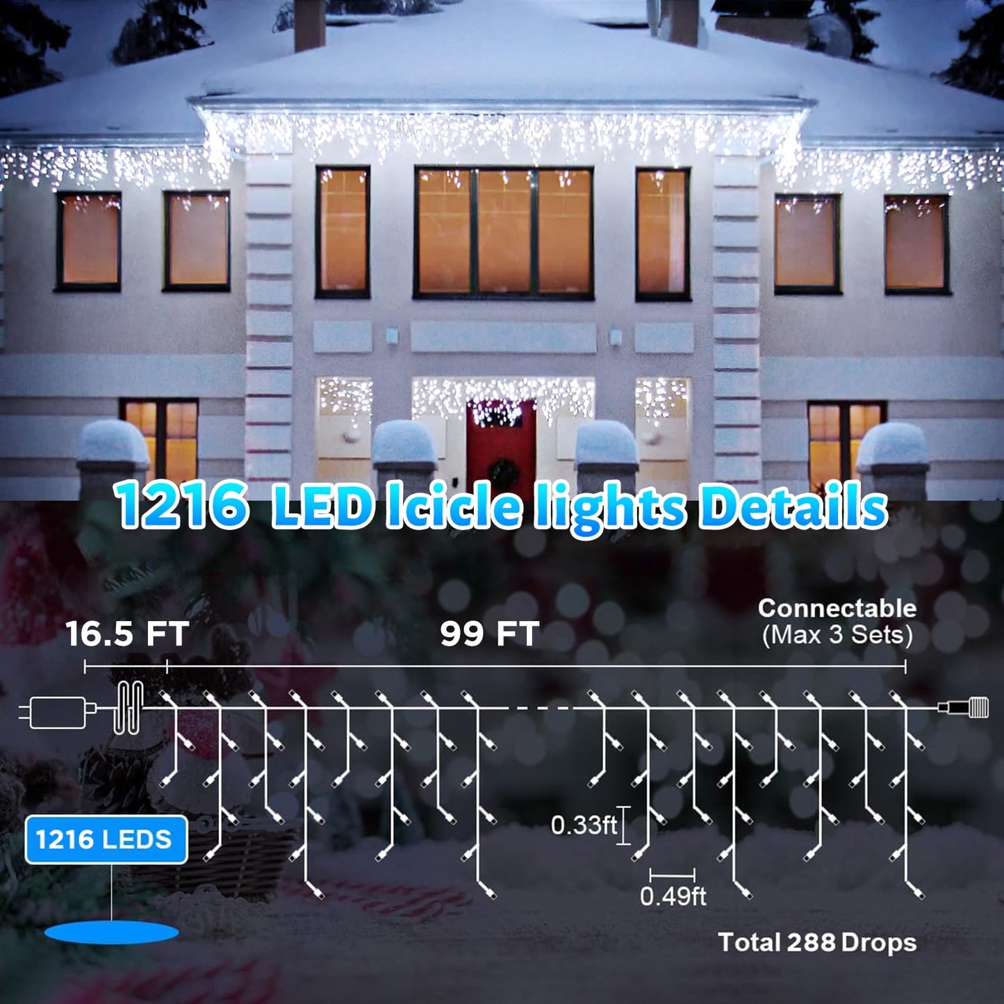 99 FT Christmas Icicle Lights, Curtain Fairy Icicle String Lights with 228 Drops, Led Christmas Twinkle Lights for Holiday, Party, Christmas Decorations, White