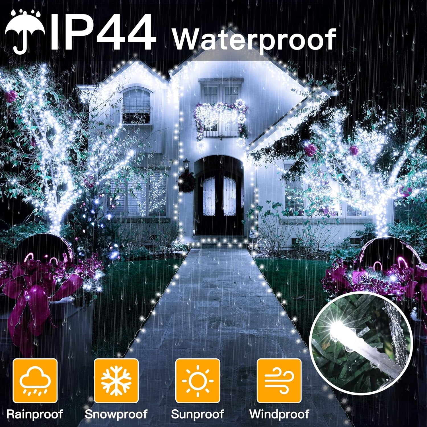 49.2FT 130 LED Christmas Lights Outdoor Waterproof 8 Modes Indoor Christmas String Lights Cool White Christmas Tree Lights Plug in Remote Halloween Lights for Room Bedroom Holiday Decorations
