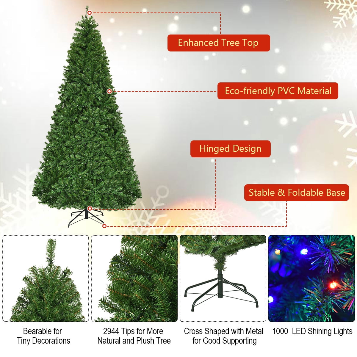 9Ft Pre-Lit Artificial Christmas Tree Hinged 1000 LED Lights