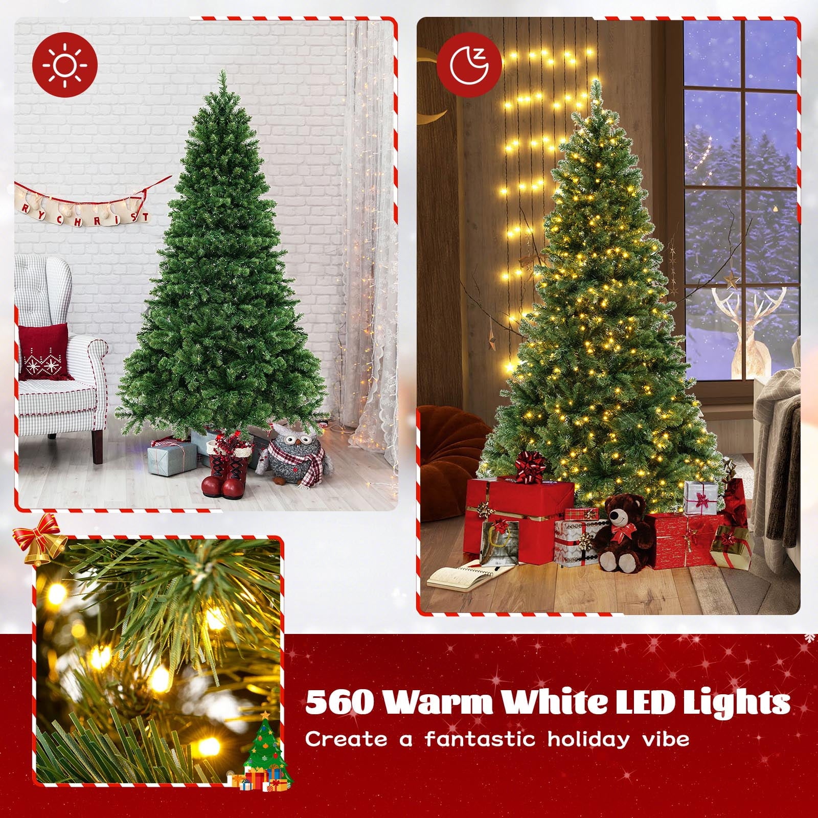 6 FT Artificial Xmas Tree with 821 PVC Branch Tips 560 Warm White LED Lights