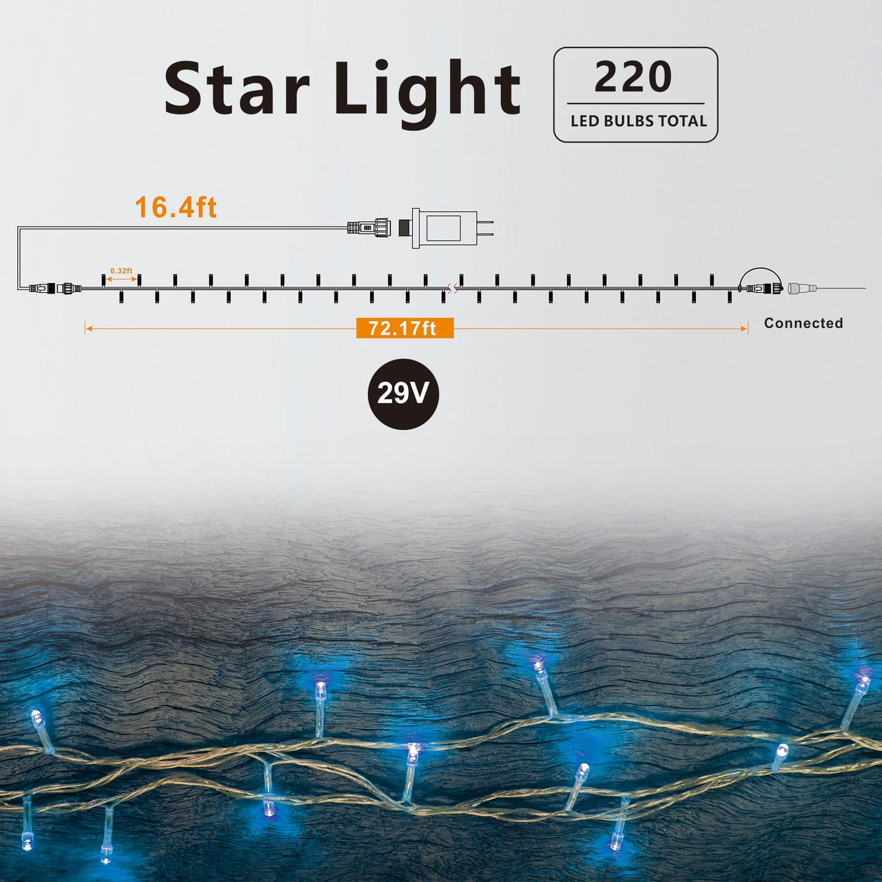 220 LED Christmas Lights, 72Ft Connectable Blue Fairy String Lights with Clear Wire, 8 Lighting Modes, Plug-In Twinkle Lights for Indoor/Outdoor Christmas Tree, Bedroom & Wedding Decor