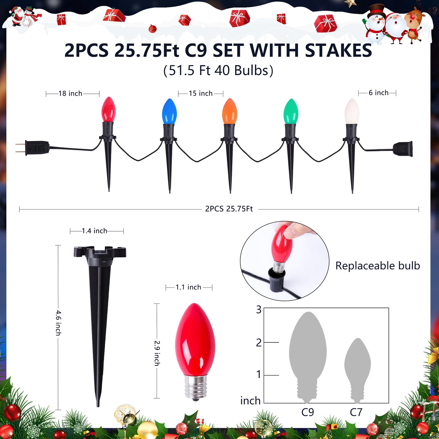 2 Pack Total 51.5 Ft 40 Bulbs C9 Christmas Pathway Lights with Stakes, Outdoor Christmas String Lights,Christmas Decorations for Yard Walkway Sidewalk