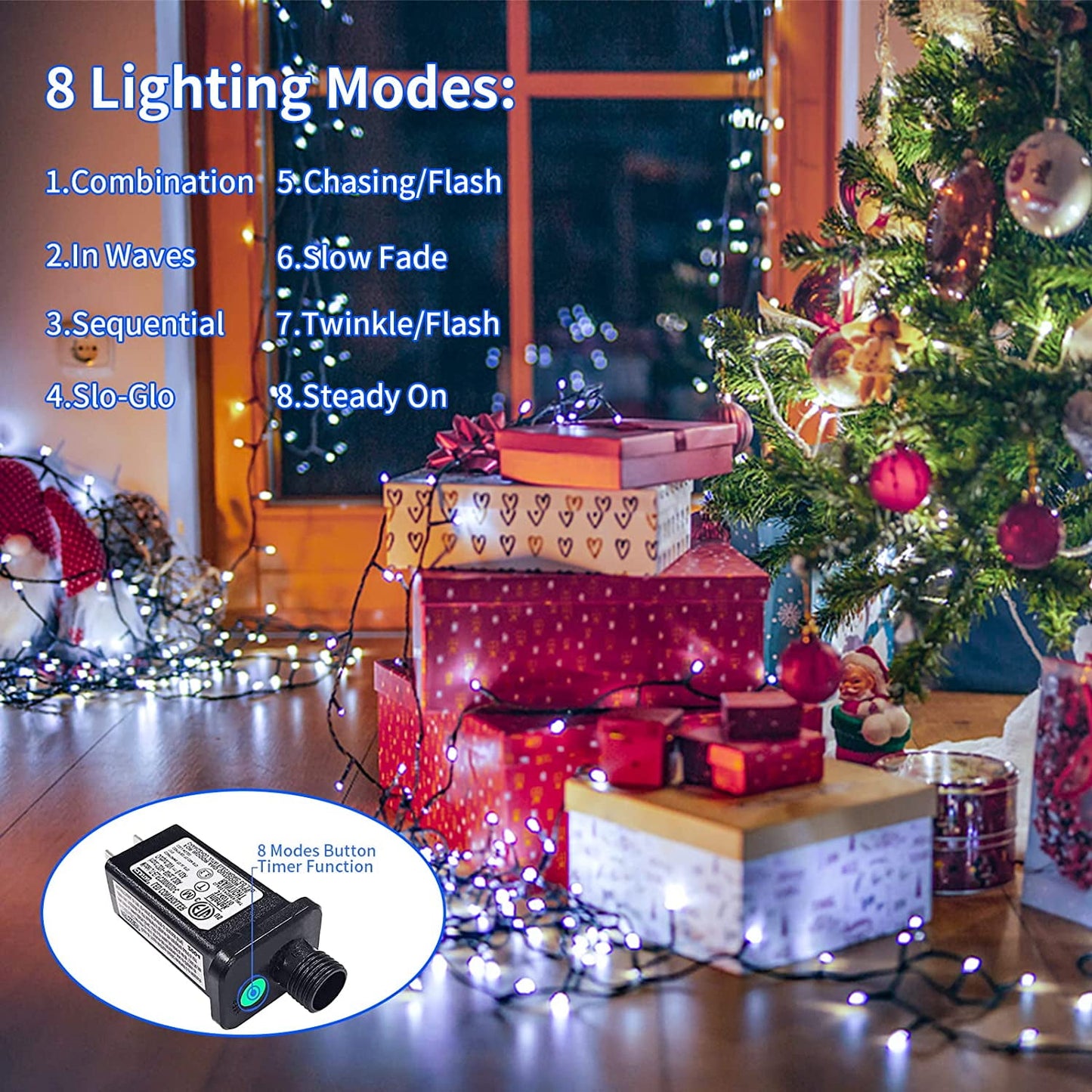200LED Christmas Lights Outdoor,  66Ft Christmas Lights Plug in Green Wire, 8 Modes Waterproof Fairy String Lights for Xmas Wedding Party Christmas Indoor Decoration,White