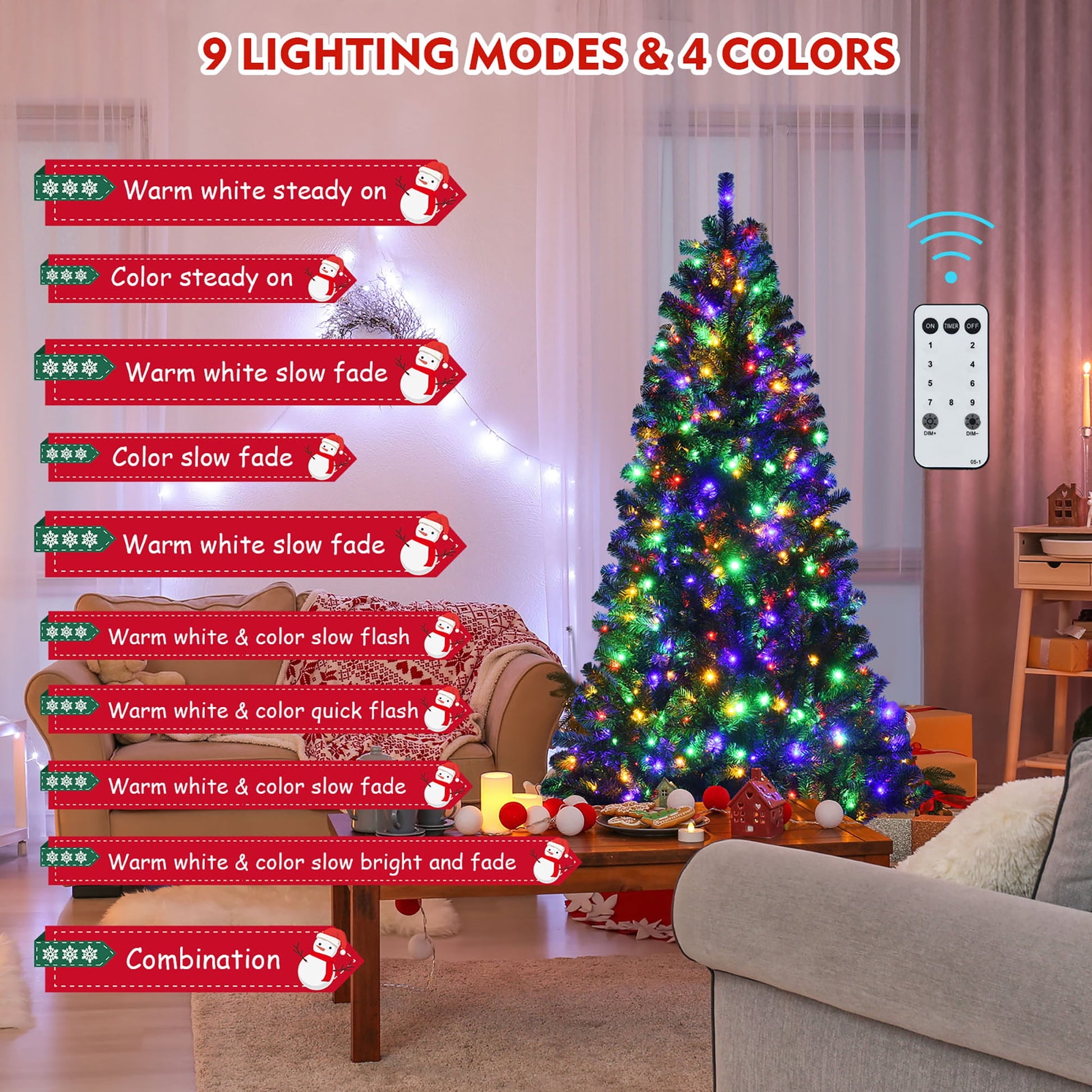 6Ft Pre-Lit Hinged Christmas Tree W/ Remote Control & 9 Lighting Modes