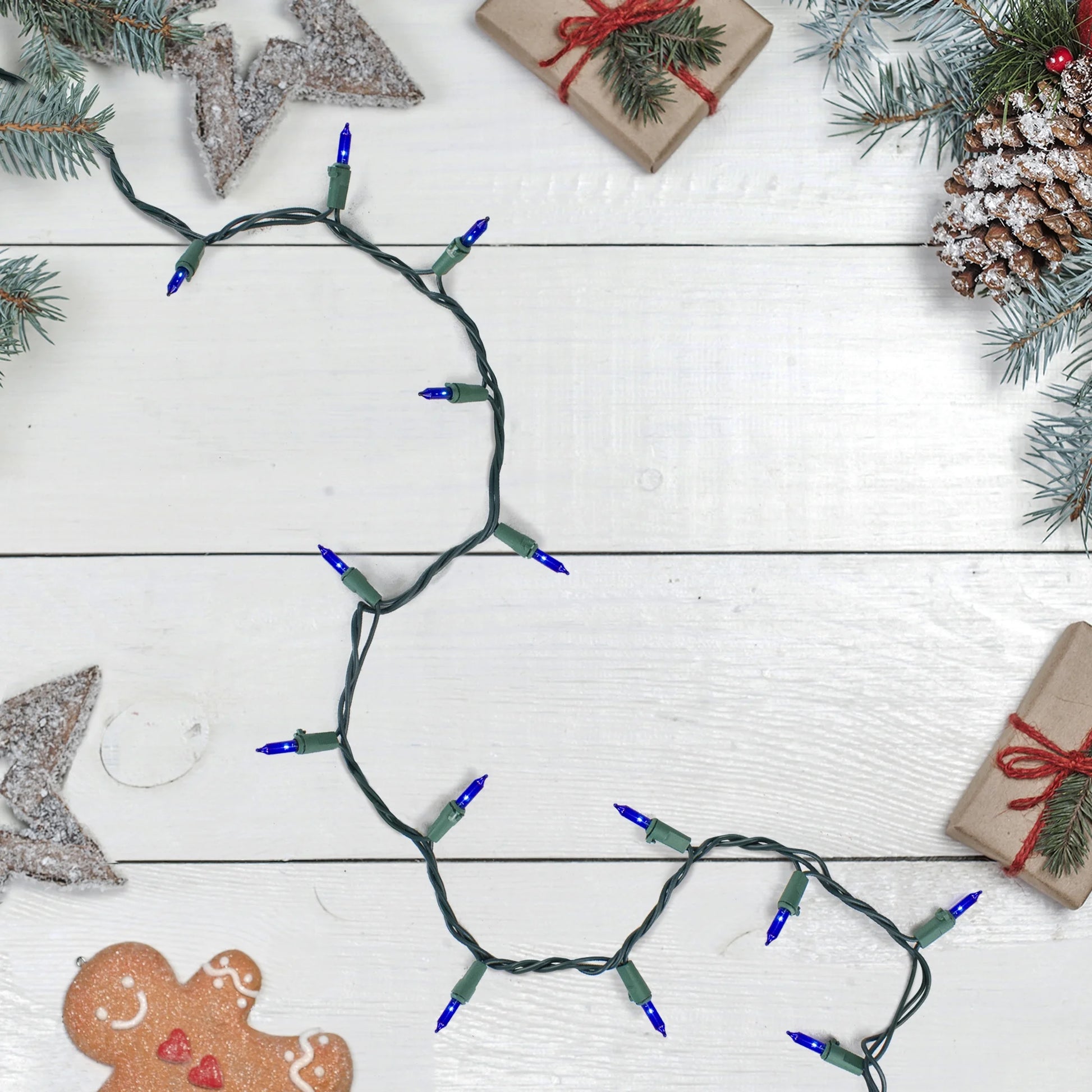 Mini Incandescent Christmas Lights - Blue - 10' Green Wire - 50Ct