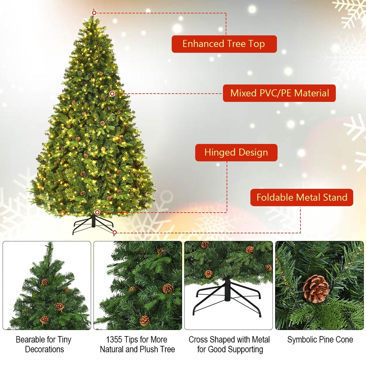 8Ft Pre-Lit Christmas Tree Hinged 600 LED Lights Pine Cones