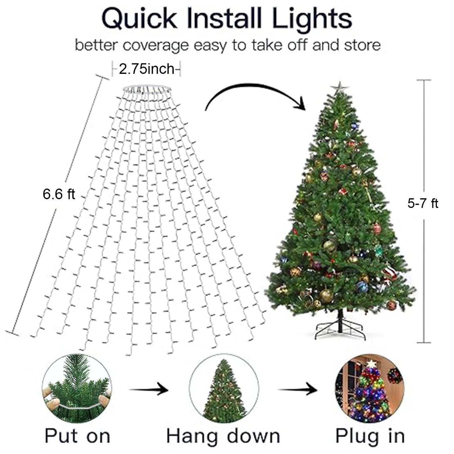 Uncahome 6.7 Ft X 16 Christmas Tree Lights,416 LED Christmas Lights,Outdoor Indoor String Lights -Multi Color
