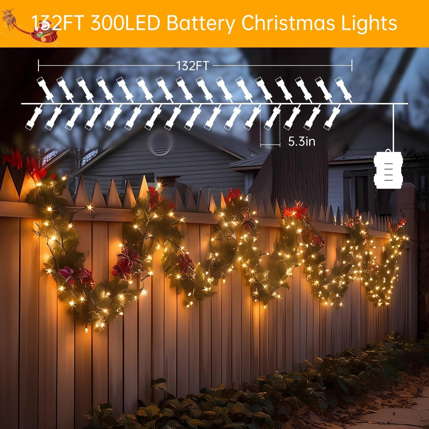 132FT Battery Operated Christmas Lights,  300 LED Christmas Tree Lights with Timer & Memory, 8 Modes Waterproof Battery Powered Lights for Holiday Party