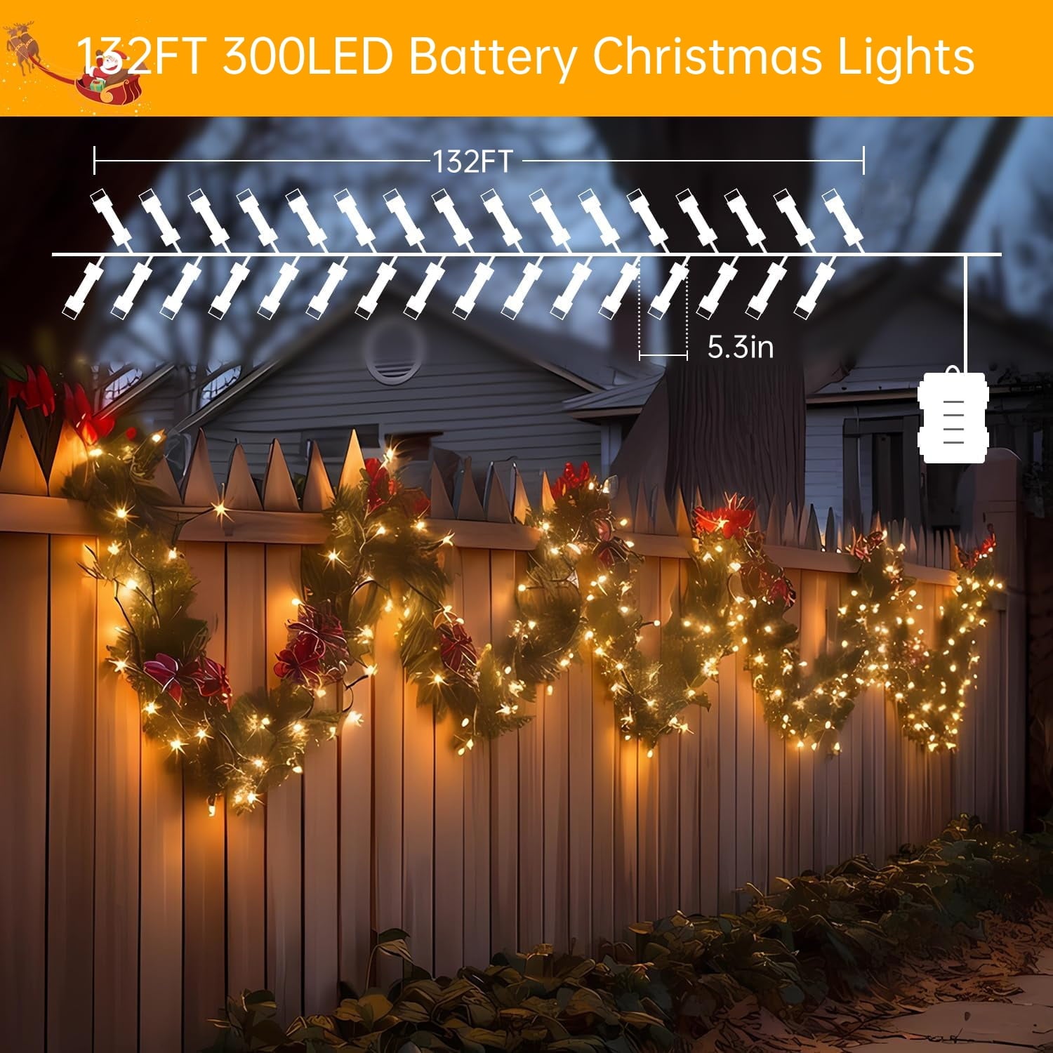 132FT Battery Operated Christmas Lights,  300 LED Christmas Tree Lights with Timer & Memory, 8 Modes Waterproof Battery Powered Lights for Holiday Party