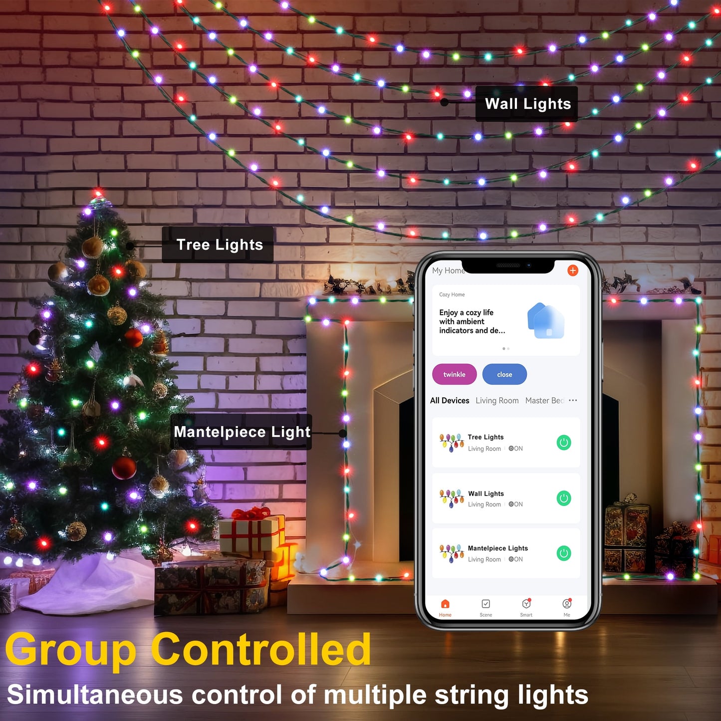 Smart Christmas Lights - 108FT 300 RGB LED String Lights Color Changing by App,Works with Google Home,Music Sync,Timer,Dimmable for Xmas Tree Home Party