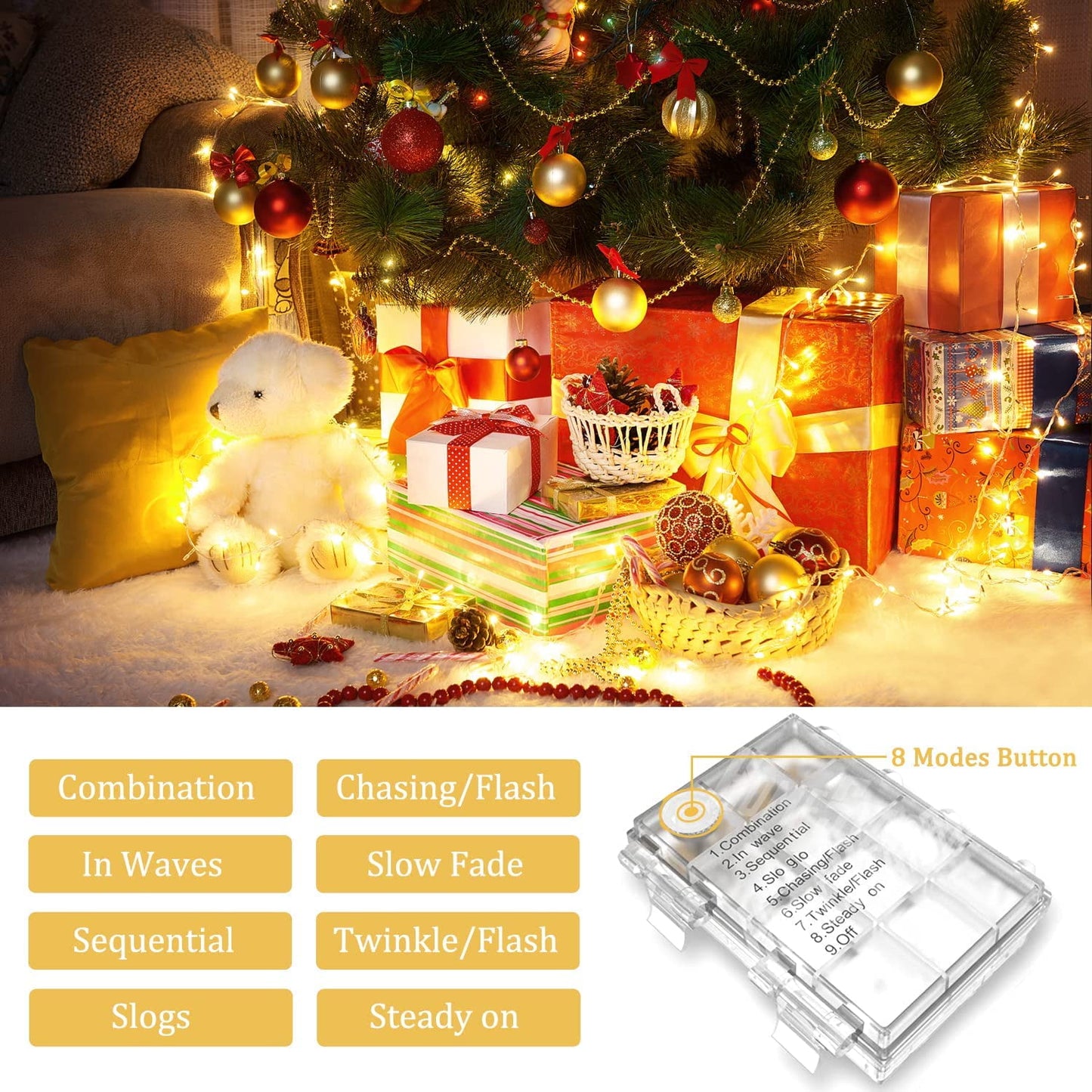 Led Christmas Lights Outdoor Battery Operated,42.6Ft 130LED Fairy Lights Waterproof with 8Modes,Twinkle Lights for Party Patio Christmas Decorations Outdoor(Warm White)