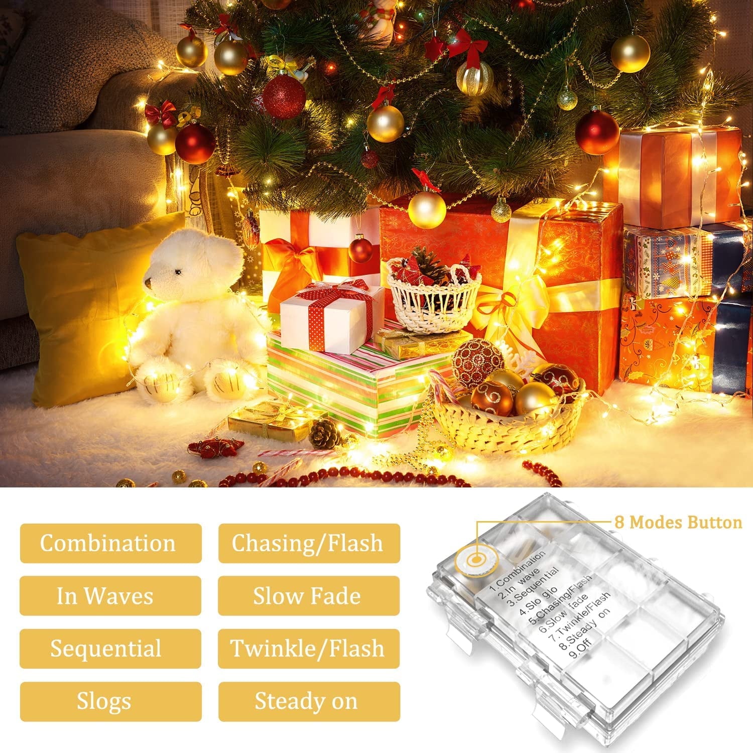 Led Christmas Lights Outdoor Battery Operated,42.6Ft 130LED Fairy Lights Waterproof with 8Modes,Twinkle Lights for Party Patio Christmas Decorations Outdoor(Warm White)