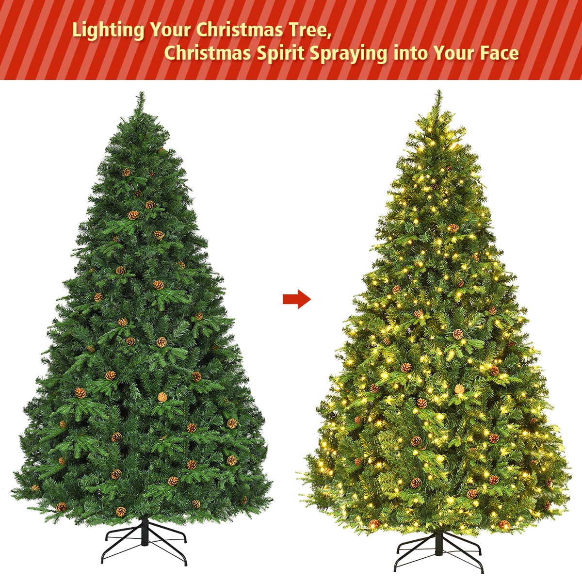 8Ft Pre-Lit Christmas Tree Hinged 600 LED Lights Pine Cones