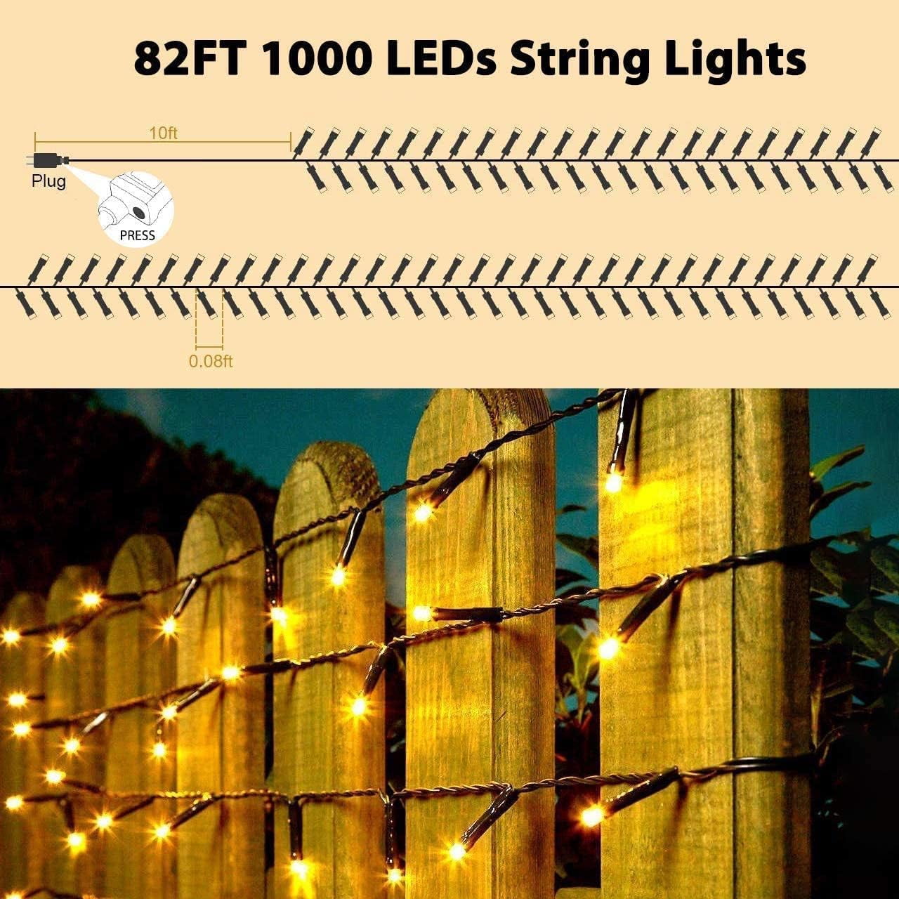 Christmas String Lights, 82FT 1000 Leds Christmas Tree Decoration Lights - Outdoor Waterproof Christmas Tree Lights Plug in for Xmas Wedding Party Holiday - Warm White