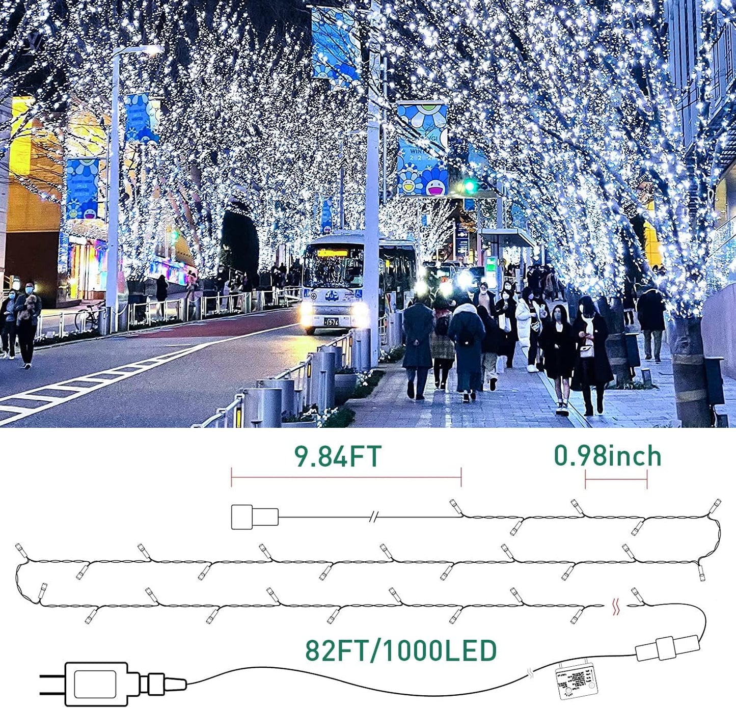 82Ft 1000 LED String Christmas Lights , Dark Green Wire Cluster Christmas Tree Lights, 8 Modes Outdoor Waterproof White Christmas Lights Plug in for Holiday Wedding Party Home Decor