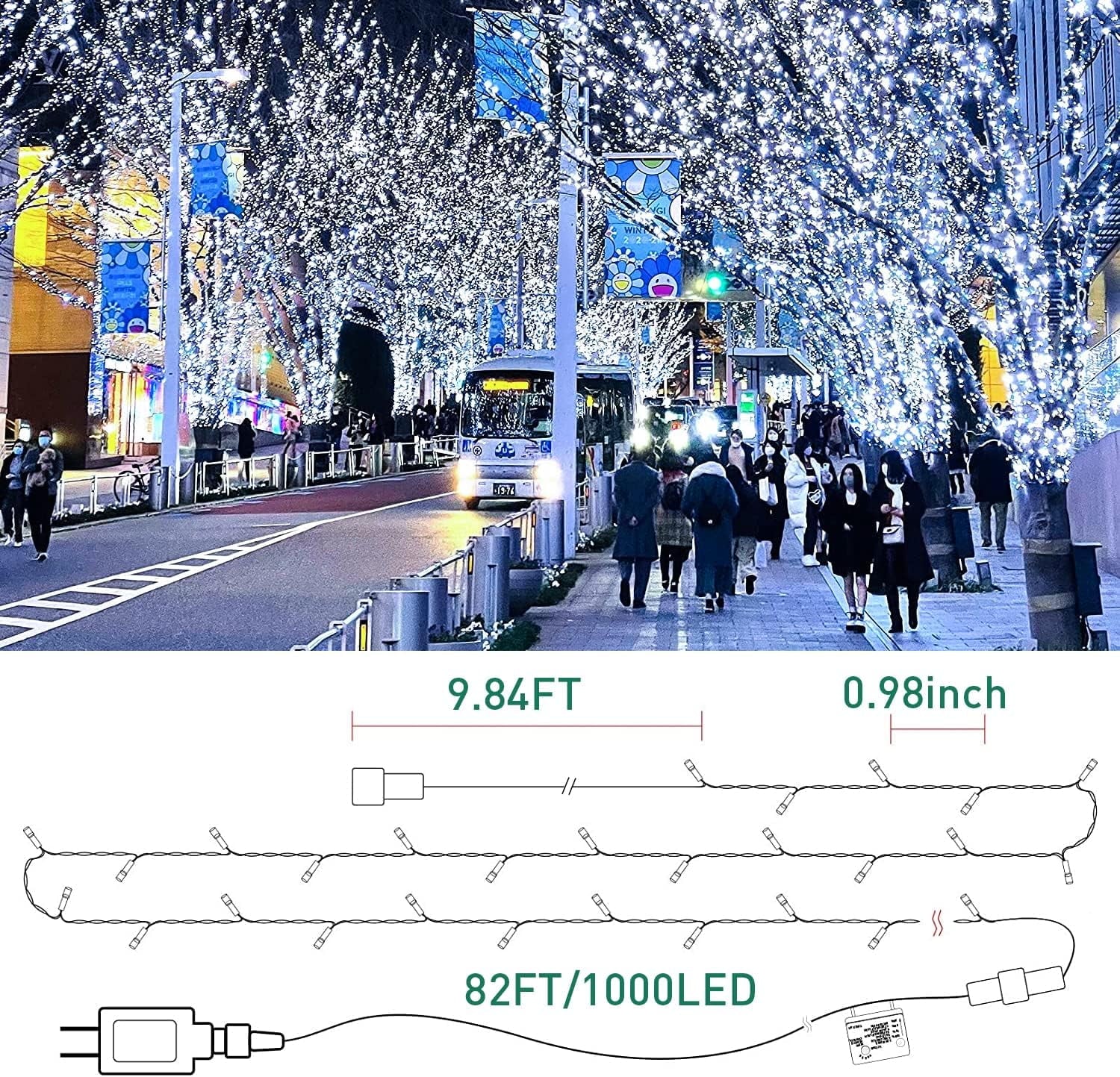 82Ft 1000 LED String Christmas Lights , Dark Green Wire Cluster Christmas Tree Lights, 8 Modes Outdoor Waterproof White Christmas Lights Plug in for Holiday Wedding Party Home Decor