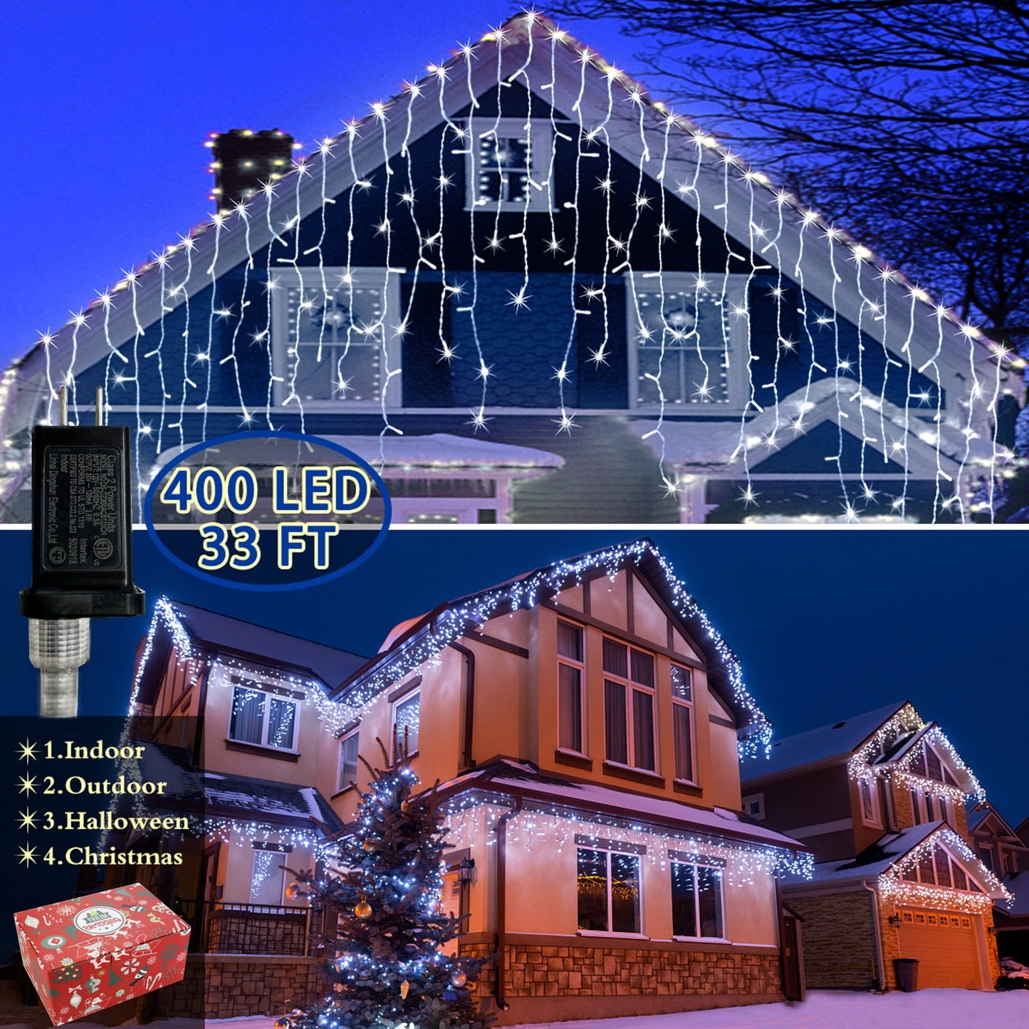 Christmas String Lights, 33Ft 400 LED Fairy Twinkle Lights 8 Modes Plug in Light for Holiday Wedding Party Home Indoor Outdoor Decoration, Cool White