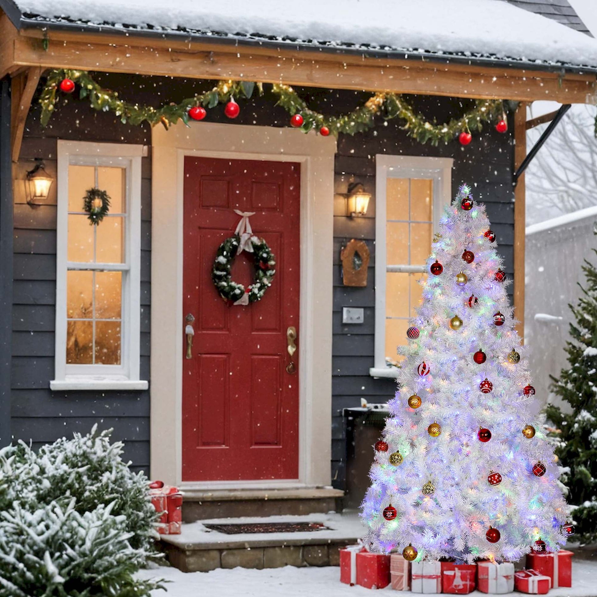Pre-Lit Artificial Christmas Tree,6Ft White Christmas Tree with 300 Warm White & Multicolor Lights,Xmas Tree for Home, Holiday Party Decorations