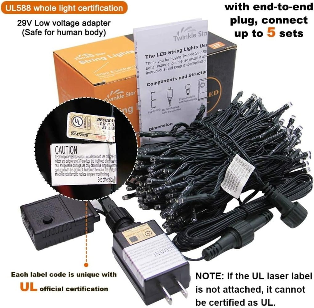 Christmas Decorations String Lights, 8 Modes, Plug-In, UL Certified Christmas Lights, 200 Leds, White, 66