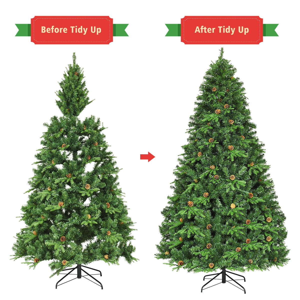 8Ft Pre-Lit Christmas Tree Hinged 600 LED Lights Pine Cones