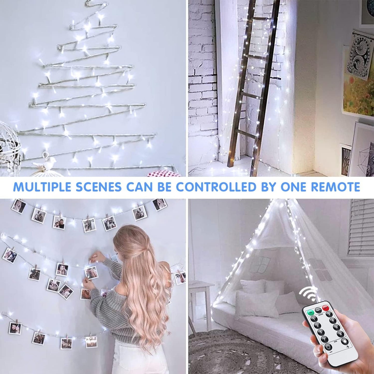49.2FT 130 LED Christmas Lights Outdoor Waterproof 8 Modes Indoor Christmas String Lights Cool White Christmas Tree Lights Plug in Remote Halloween Lights for Room Bedroom Holiday Decorations