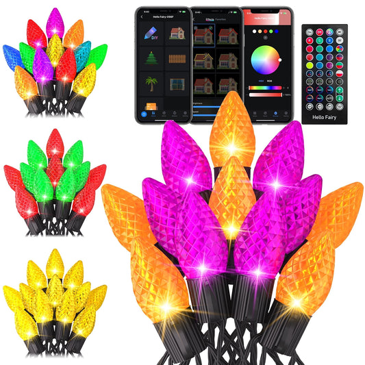 99FT Halloween Smart String Lights Extendable C9 DIY Color Changing APP Remote Controlled Christmas Music Timer 150 LED Waterproof Programmable Lights for Eaves Fence Xmas Tree Decoration