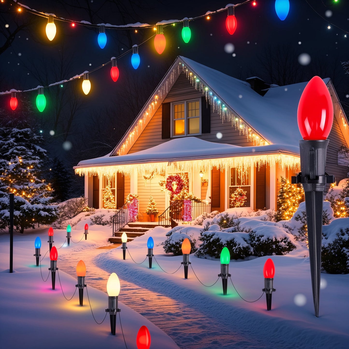 2 Pack Total 51.5 Ft 40 Bulbs C9 Christmas Pathway Lights with Stakes, Outdoor Christmas String Lights,Christmas Decorations for Yard Walkway Sidewalk