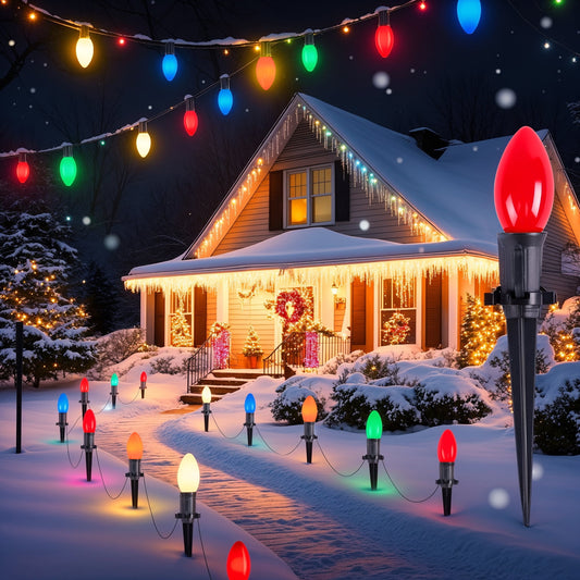 2 Pack Total 51.5 Ft 40 Bulbs C9 Christmas Pathway Lights with Stakes, Outdoor Christmas String Lights,Christmas Decorations for Yard Walkway Sidewalk
