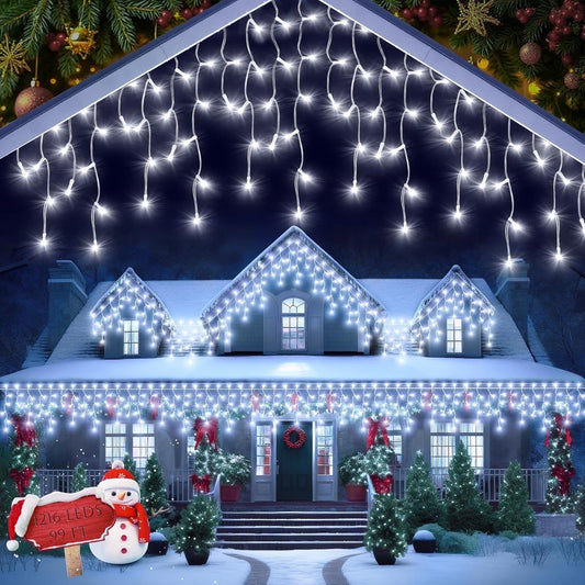 99 FT Christmas Icicle Lights, Curtain Fairy Icicle String Lights with 228 Drops, Led Christmas Twinkle Lights for Holiday, Party, Christmas Decorations, White