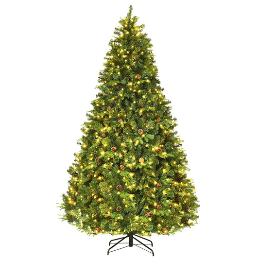 8Ft Pre-Lit Christmas Tree Hinged 600 LED Lights Pine Cones