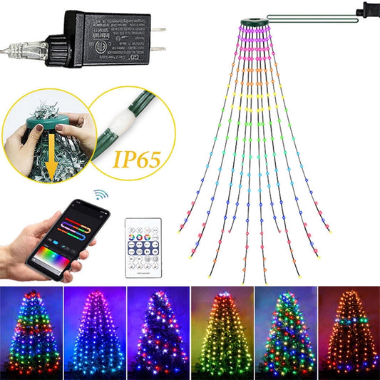 Christmas Tree String Lights Decorations with Ring Smart APP, 200 LED Waterfall Lights IP65 Waterproof Multi-Modes with Remote Color Changing Lights for Wedding Yard Party Home Holiday