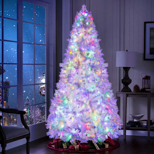 Pre-Lit Artificial Christmas Tree,6Ft White Christmas Tree with 300 Warm White & Multicolor Lights,Xmas Tree for Home, Holiday Party Decorations