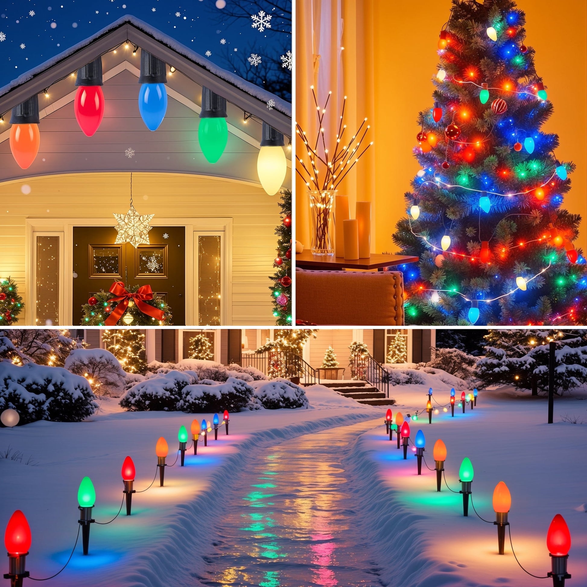 2 Pack Total 51.5 Ft 40 Bulbs C9 Christmas Pathway Lights with Stakes, Outdoor Christmas String Lights,Christmas Decorations for Yard Walkway Sidewalk