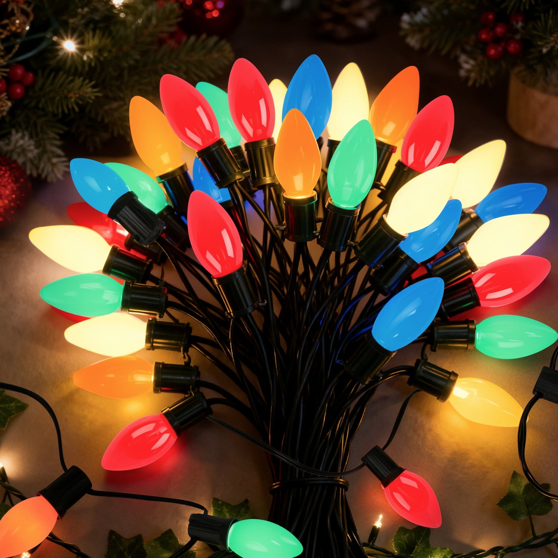 2 Pack Total 51.5 Ft 40 Bulbs C9 Christmas Pathway Lights with Stakes, Outdoor Christmas String Lights,Christmas Decorations for Yard Walkway Sidewalk