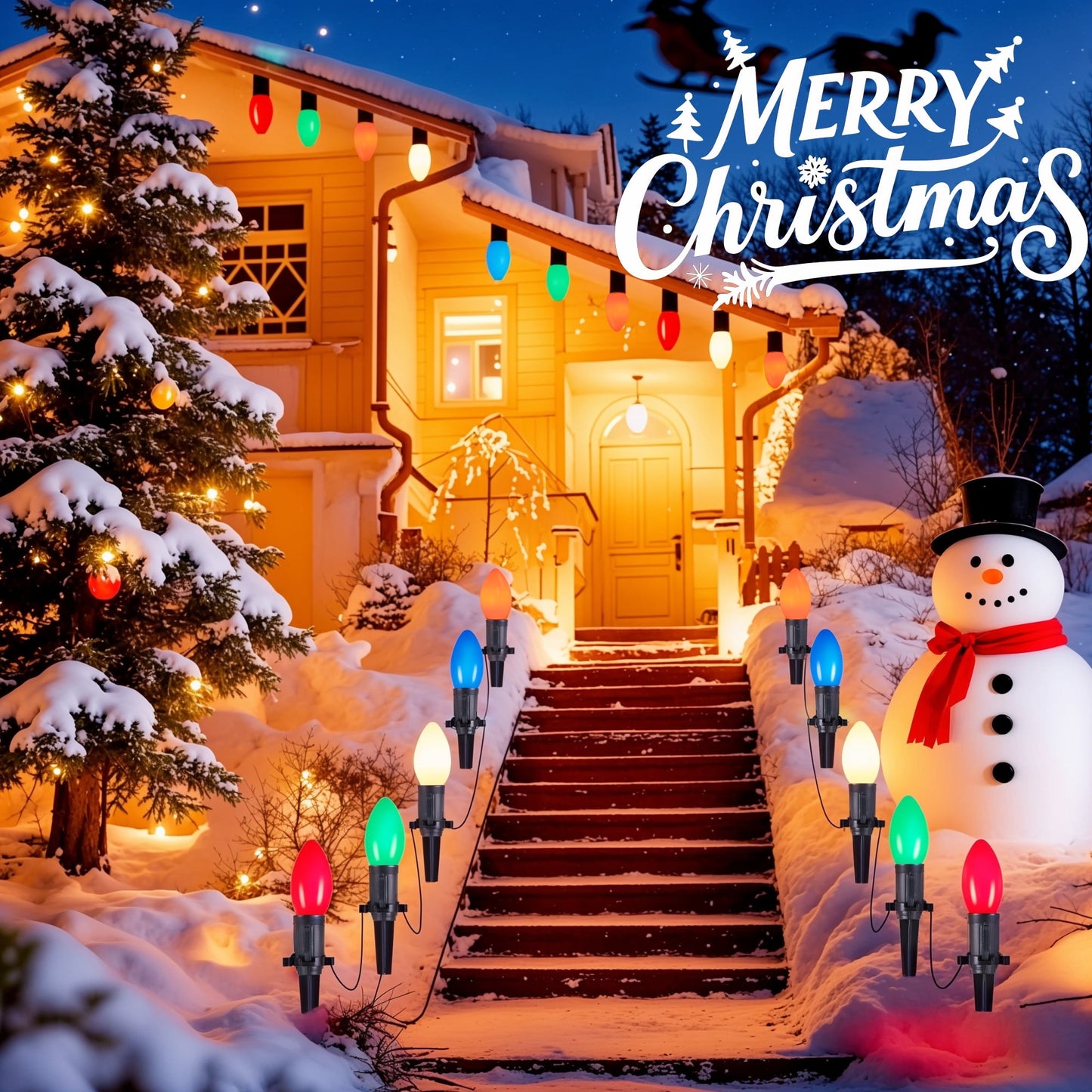 2 Pack Total 51.5 Ft 40 Bulbs C9 Christmas Pathway Lights with Stakes, Outdoor Christmas String Lights,Christmas Decorations for Yard Walkway Sidewalk