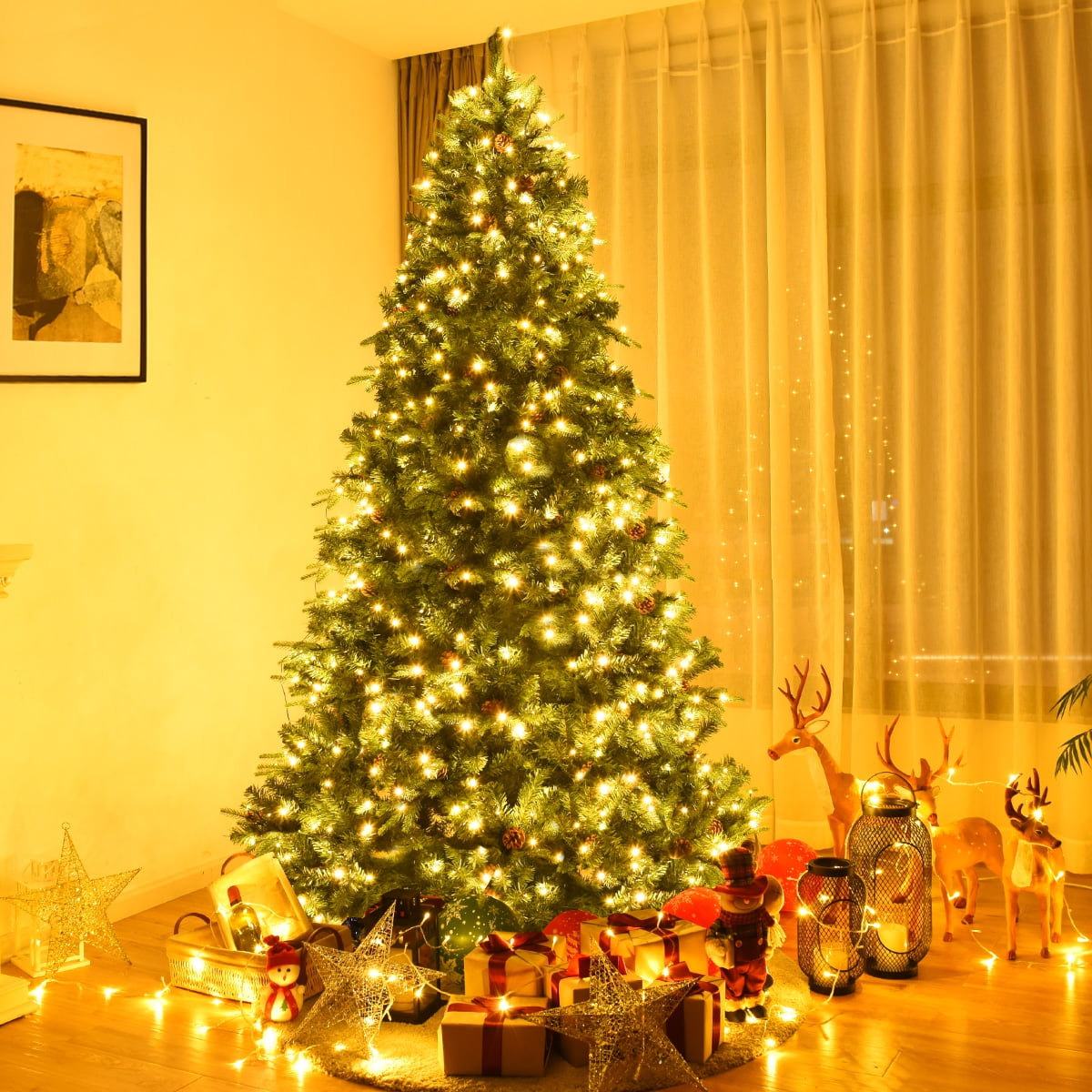 8Ft Pre-Lit Christmas Tree Hinged 600 LED Lights Pine Cones