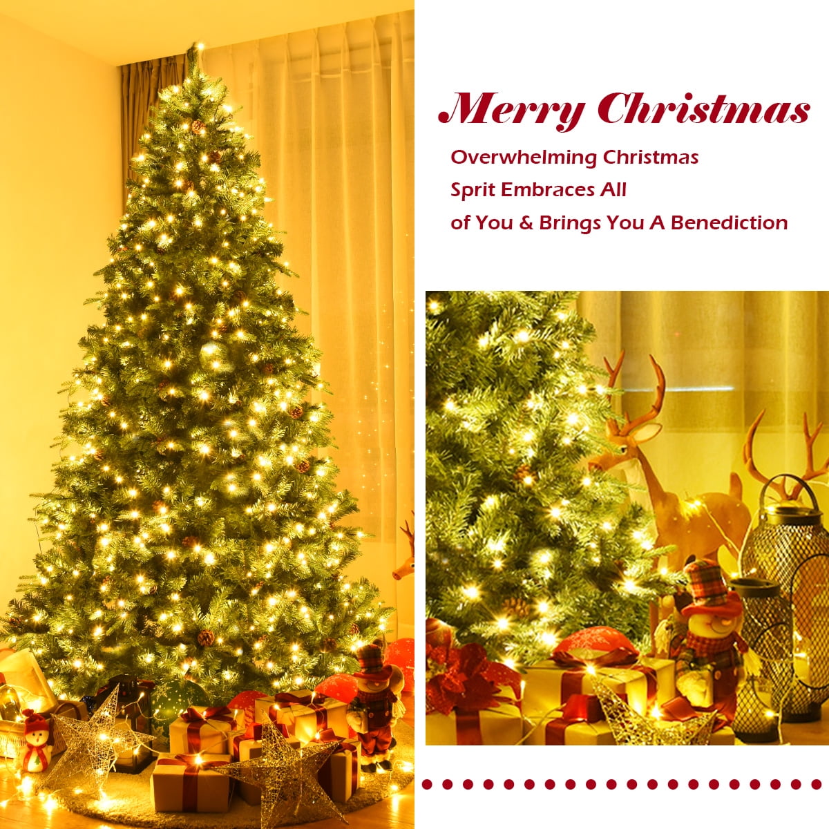 8Ft Pre-Lit Christmas Tree Hinged 600 LED Lights Pine Cones