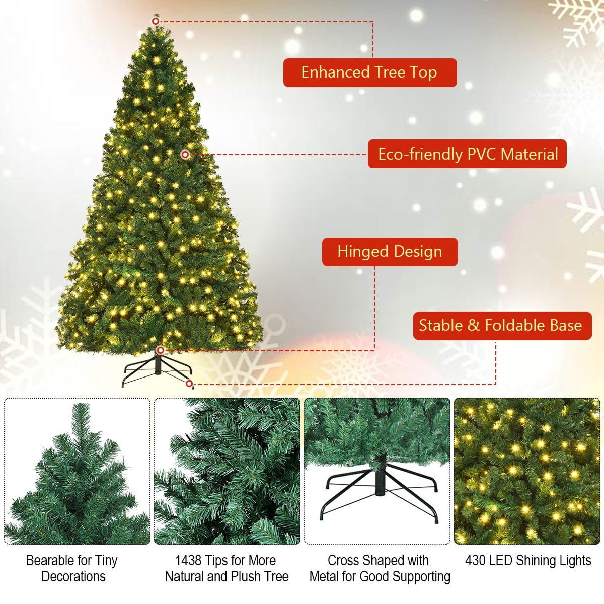 8Ft Pre-Lit Hinged PVC Christmas Tree 430 LED Lights Green