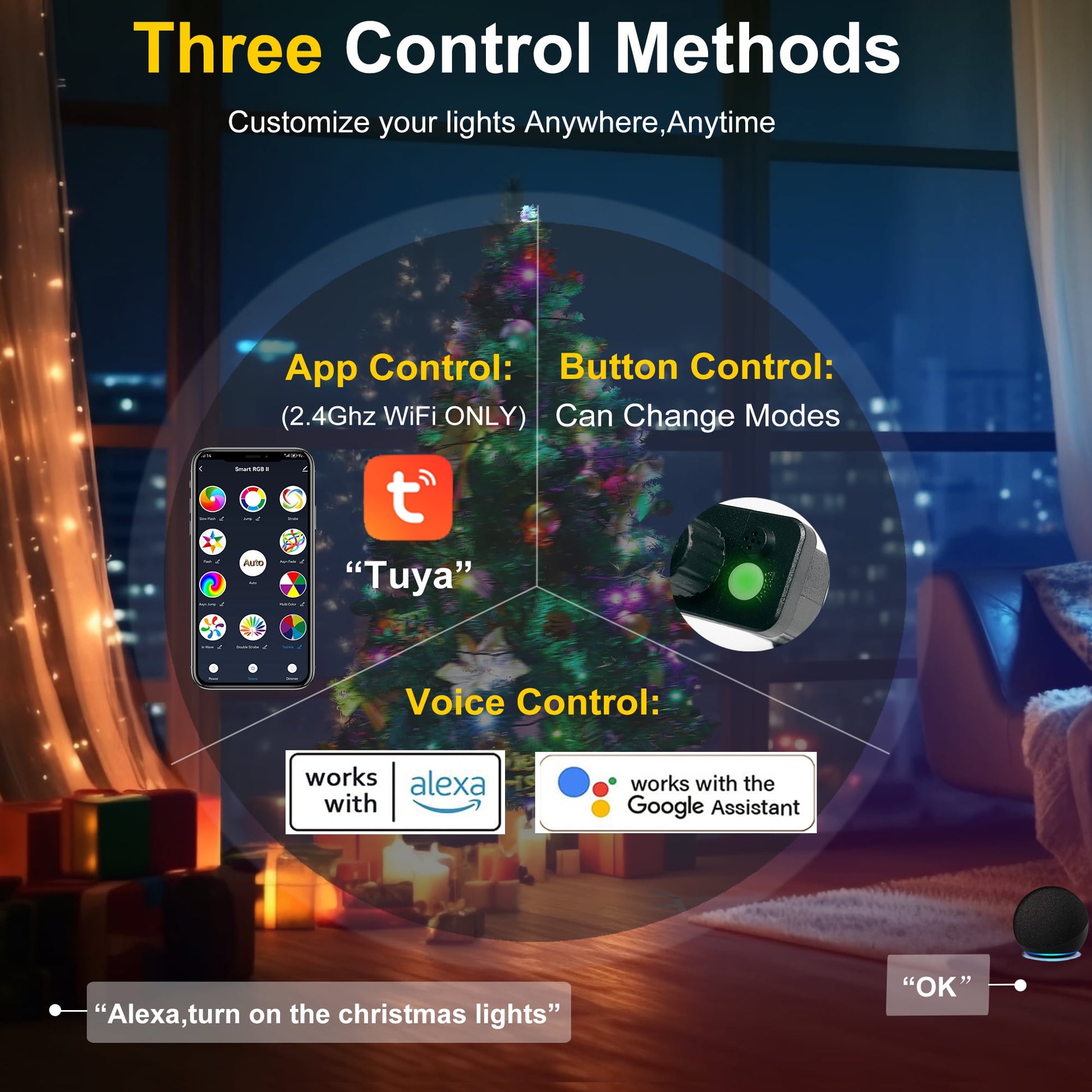 Smart Christmas Lights - 108FT 300 RGB LED String Lights Color Changing by App,Works with Google Home,Music Sync,Timer,Dimmable for Xmas Tree Home Party